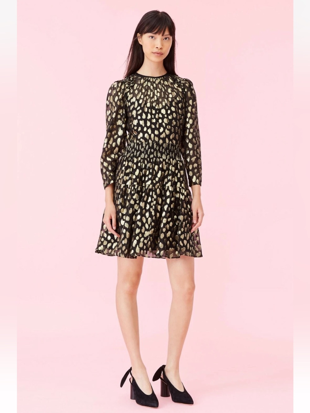 Rebecca Taylor Leopard Metallic Silk Blend Dress Black Metallic Combo Women’s 2